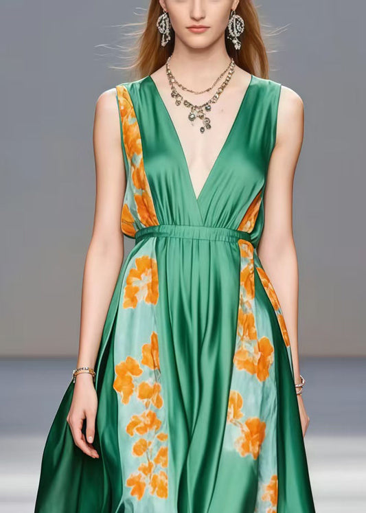 Elegant Tea Green V Neck Patchwork Silk Holiday Dress Sleeveless