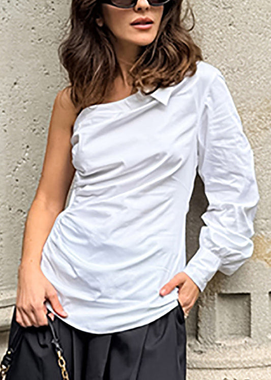 Original Design White One-Shoulder Solid Cotton Shirt Fall