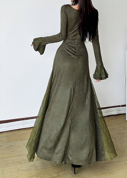 Elegant Blackish Green Patchwork Lace Long Dress Flare Sleeve