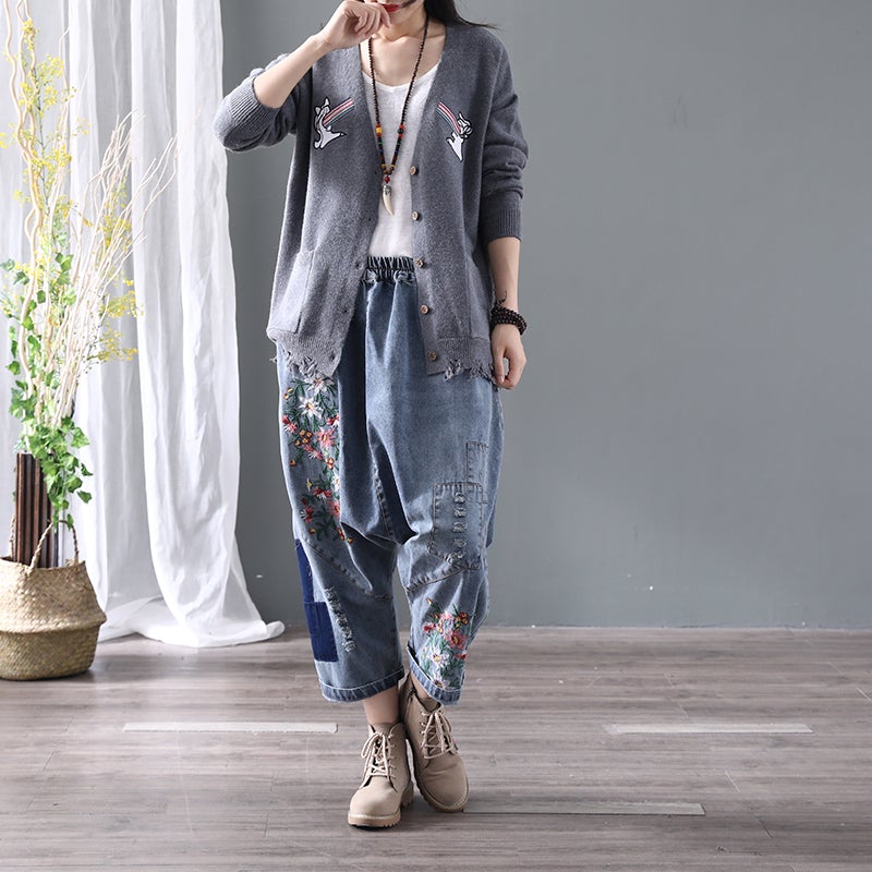 Denim Floral Pocket Low Drop Crotch Embroidered Jeans