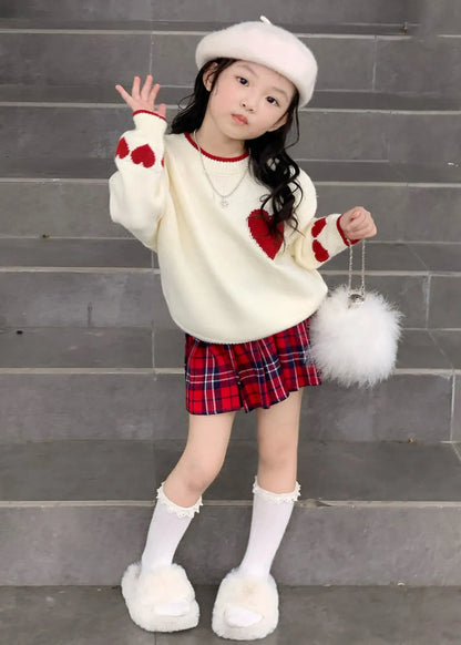 Lovely Red Patchwork Kids Cotton Knit Sweaters And Skirts Two Piece Set Spring