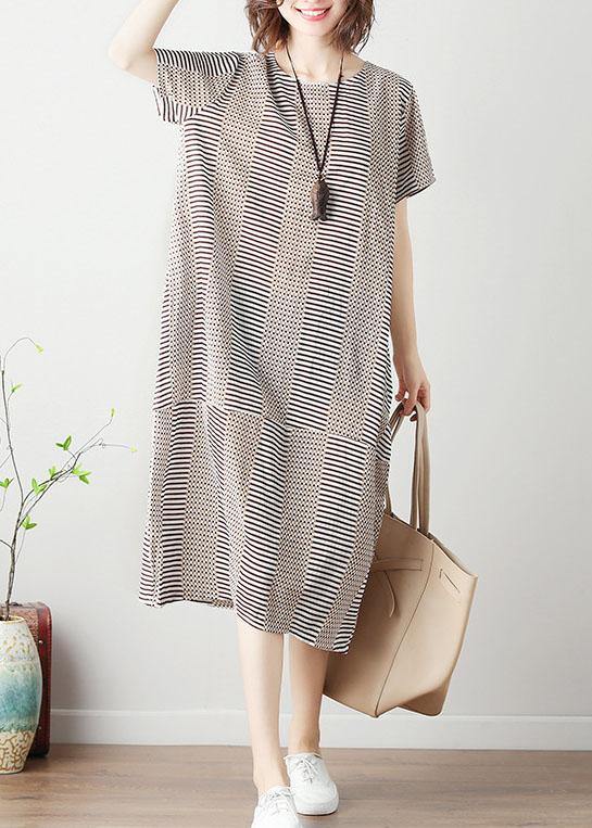Bohemian light khaki striped Cotton tunics for women o neck patchwork cotton summer Dress