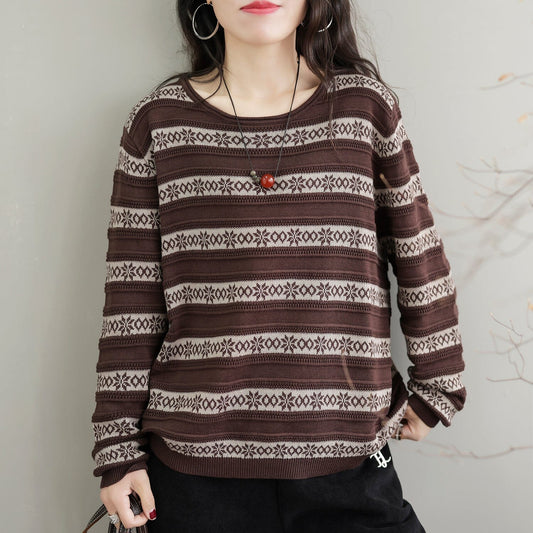 Women Autumn Casual Stripe Knitted Elastic Sweater
