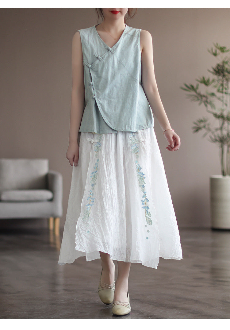 Vintage Double Cotton Linen Embroidered Buckle A-Line Skirt