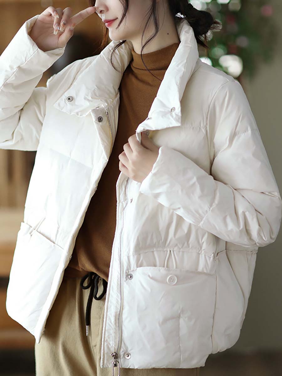 Women Casual Zipper Pocket Solid Warm Down Coat