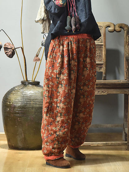 Winter Retro Warm Floral Print Cotton Pants