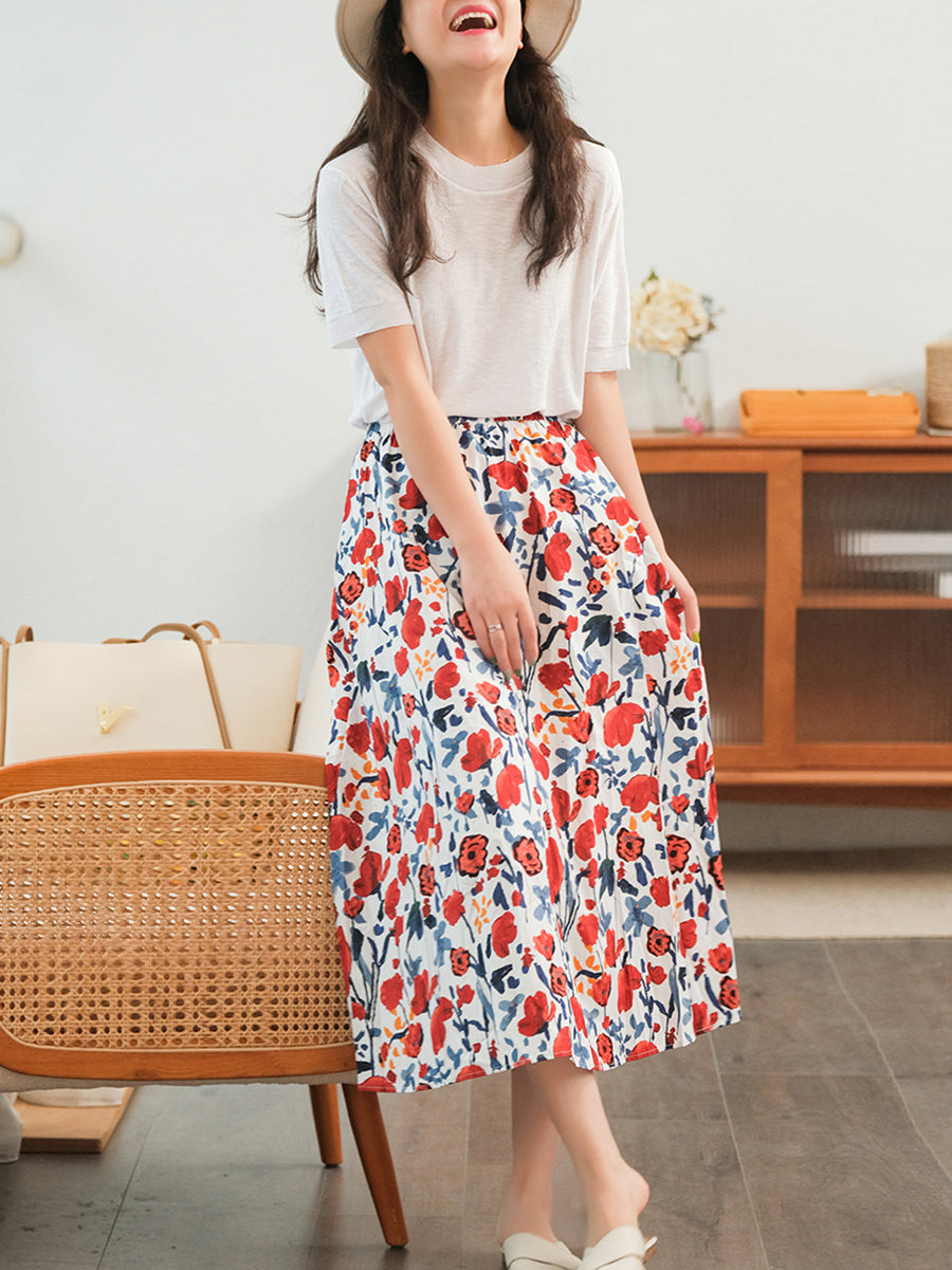 Floral Casual Elastic Waist Cotton Skirt
