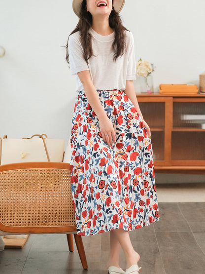 Floral Casual Elastic Waist Cotton Skirt