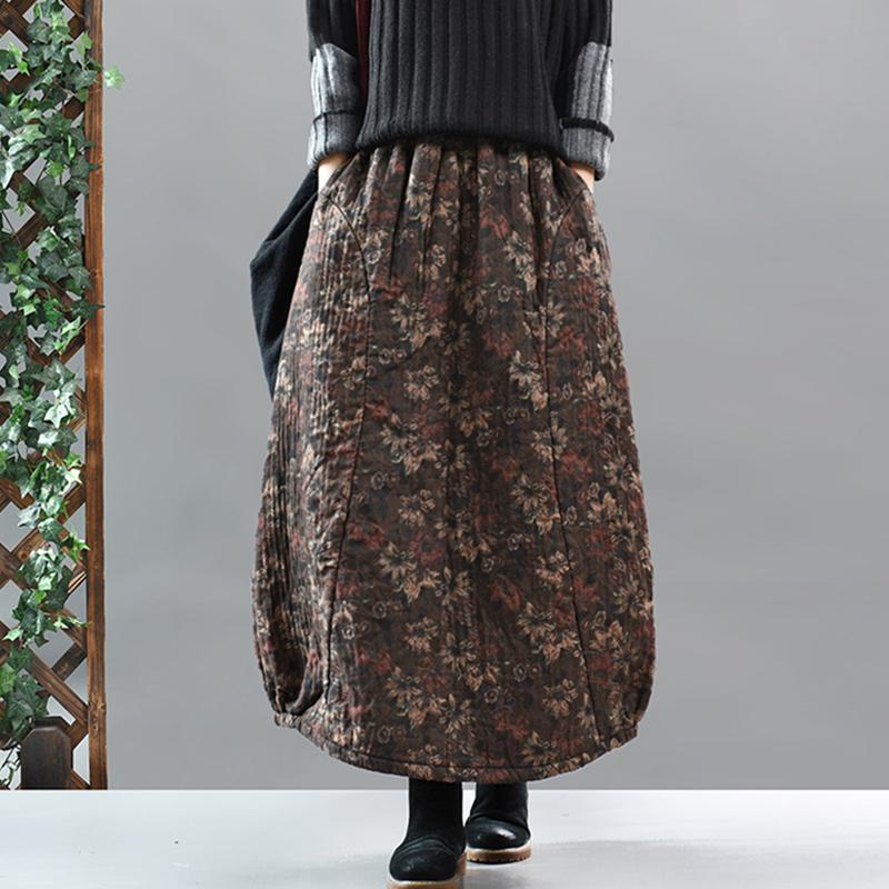 Retro Cotton Linen Quilted Thick Print Floral Skirt