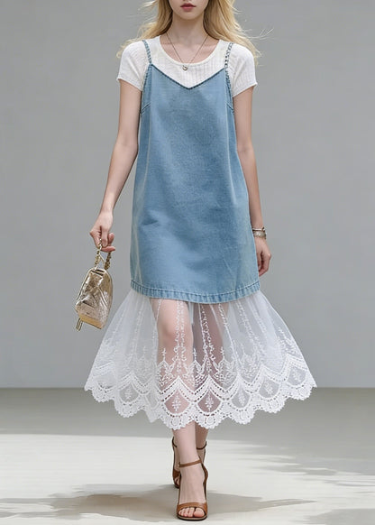 Stylish Blue Lace Patchwork Tops And Spaghetti Strap Dress Two Piece Set Summer