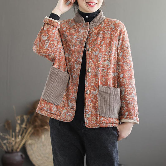 Stand Collar Floral Jacket Coat With Pockets