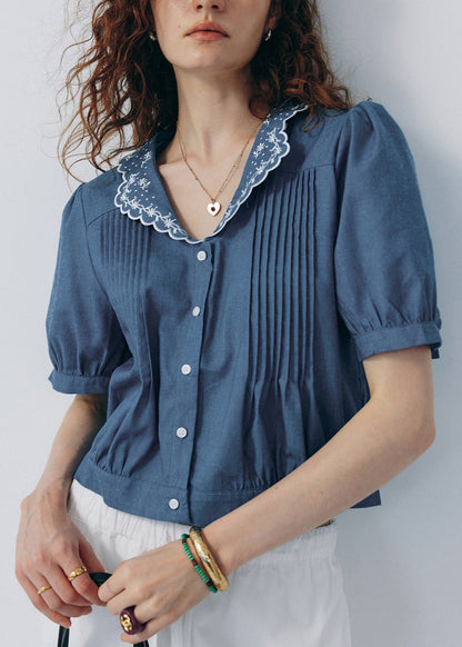 French Style Light Blue Puff Sleeve Embroidered Cotton Shirt Tops