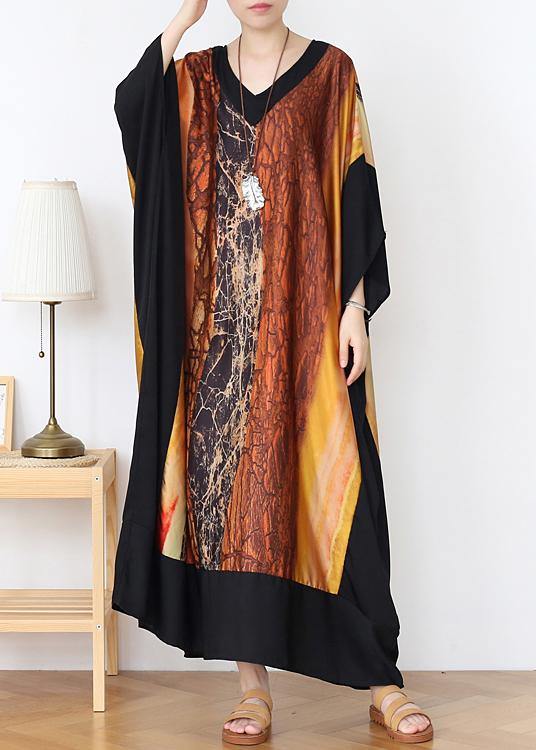 Loose Yellow Print Chiffon V Neck Over size Spring Dresses