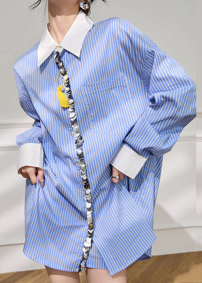 Striped Blue Peter Pan Collar Sequins Shirt And Shorts Cotton Two Pieces Set