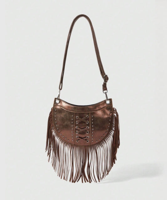 Casual Brown Tasseled Rivet Faux Leather Messenger Bag