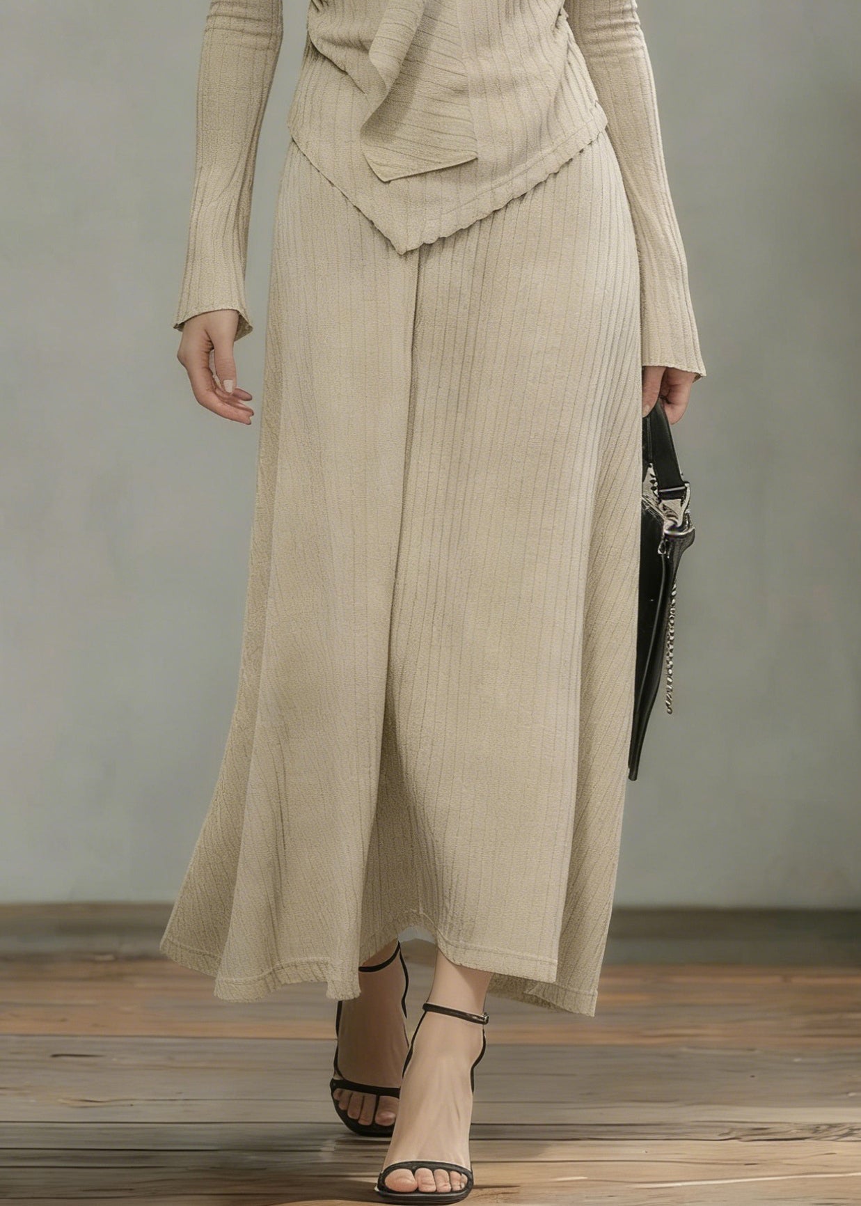 Art Khaki Asymmetrical Tops And Skirts Knit Two Pieces Set Spring