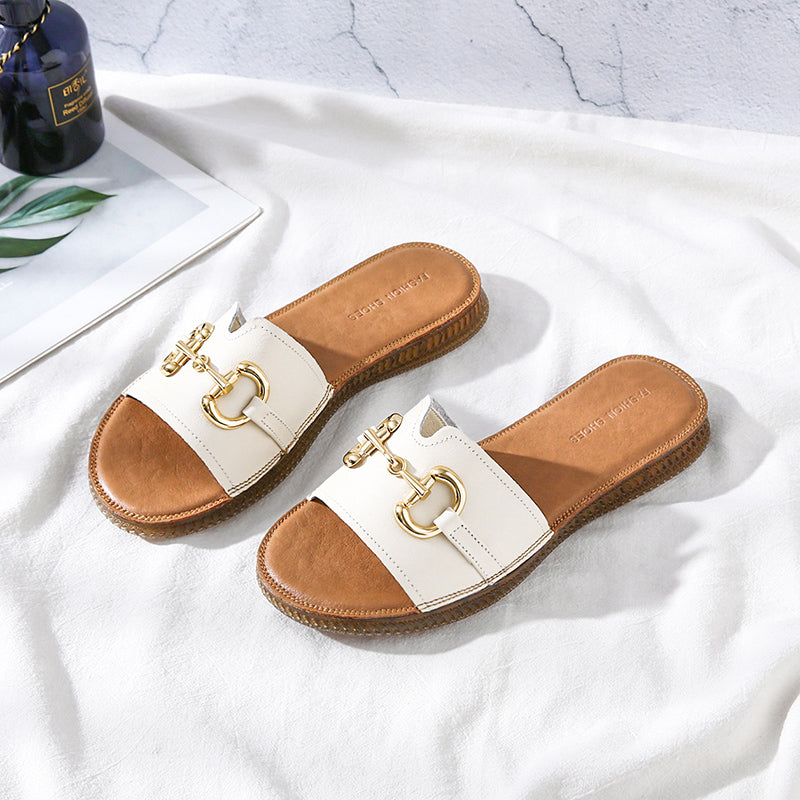 Women Summer Vintage Handmade Cowhide Leather Slippers