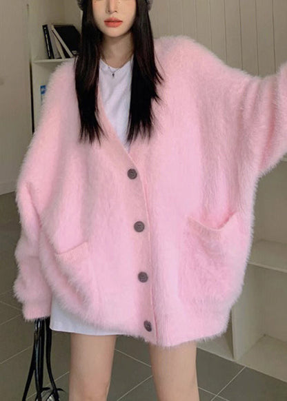 Loose Pink V Neck Button Solid Knit Cardigan Fall