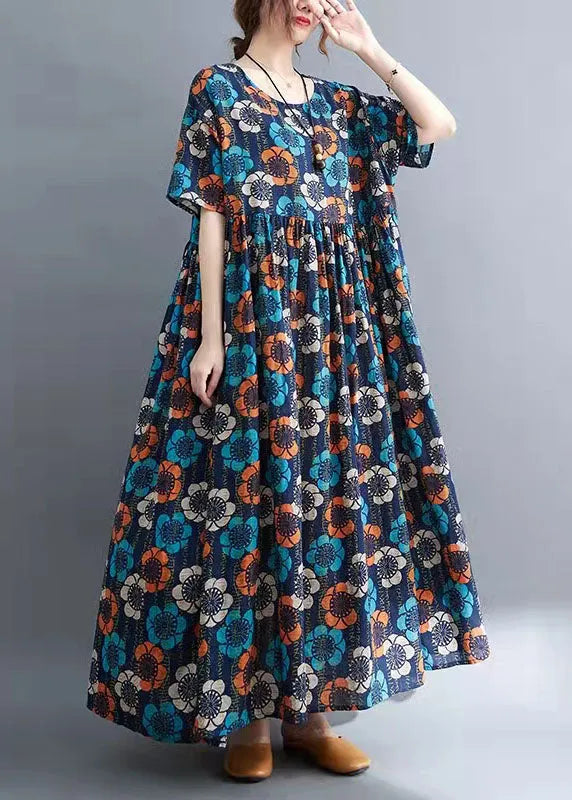 Elegant Blue O-Neck Print Summer Party Dress Half Sleeve