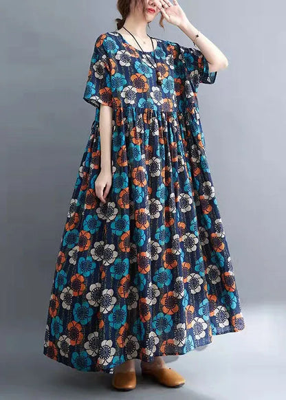 Elegant Blue O-Neck Print Summer Party Dress Half Sleeve