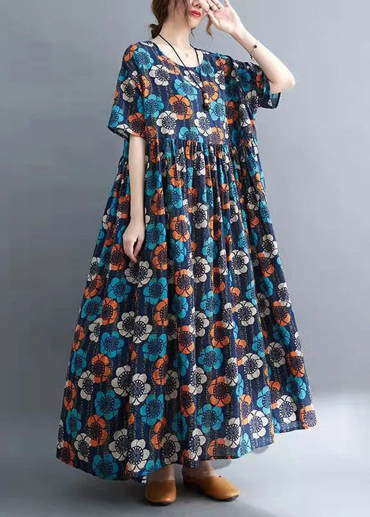 Elegant Blue O-Neck Print Summer Party Dress Half Sleeve