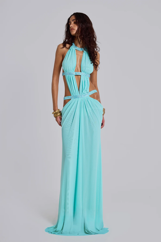 Halter Sequin Cutout Draped Maxi Gown