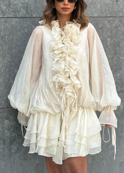 Art Beige Ruffled Lace Up Solid Chiffon Mini Dresses Spring