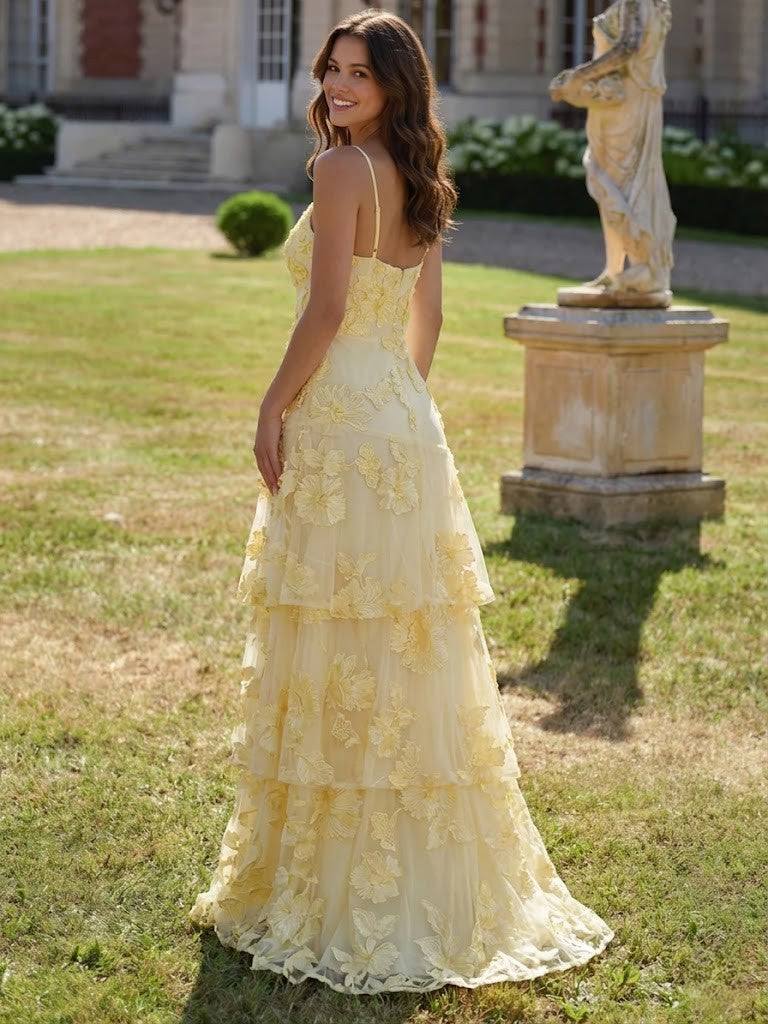 A Line  Tiered Prom Dresses Ruffled Spaghetti Straps Floral Wedding Guest Dresses Floor-length With Flower Embroidery