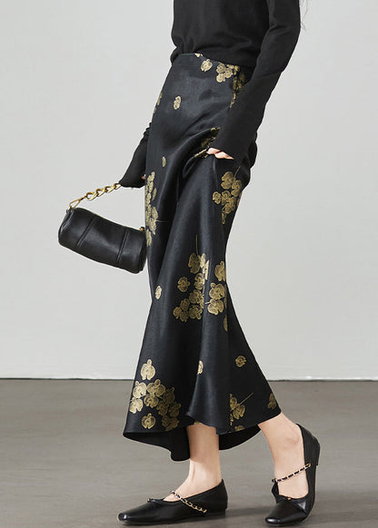 New Black Print High Waist Silk Skirt Summer