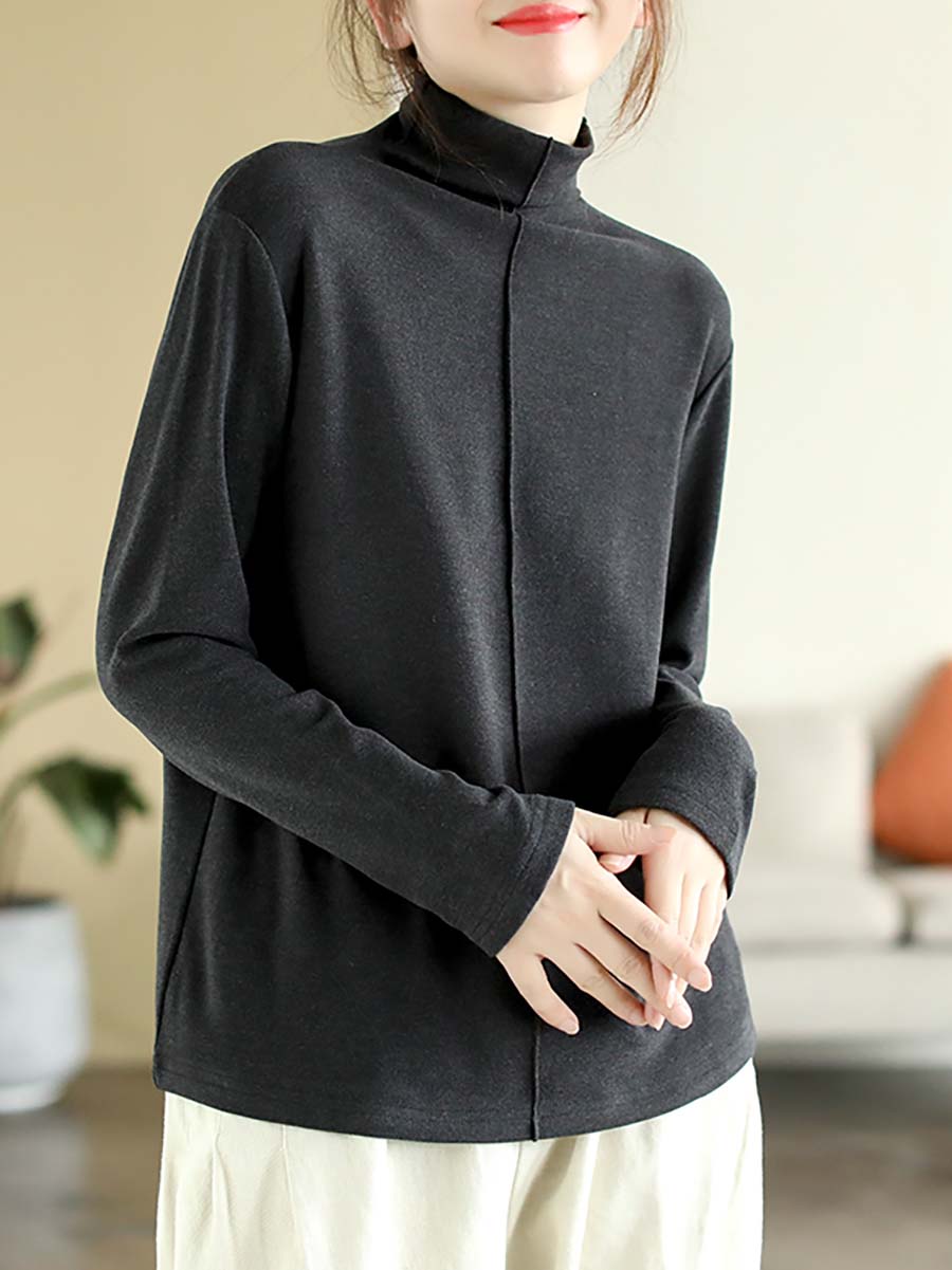 Women Autumn Artsy Solid Warm Turtleneck T-shirt