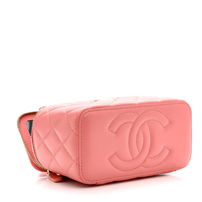 Lambskin Quilted Small Charming Top Handle Vanity Case With Chain Pink