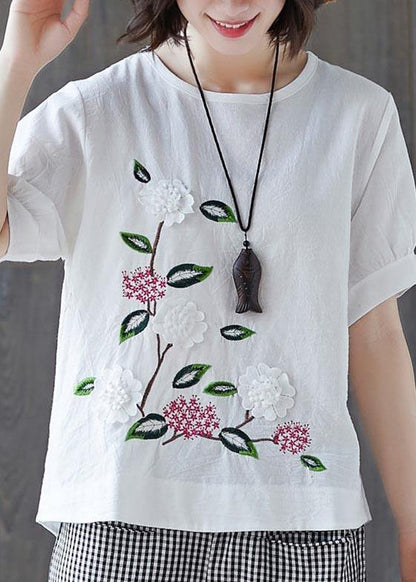 Loose White Embroideried Floral Cotton Linen Tees Summer
