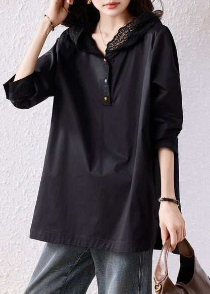 Natural Black Hooded Lace Patchwork Cotton Pullover Sweatshirt Fall