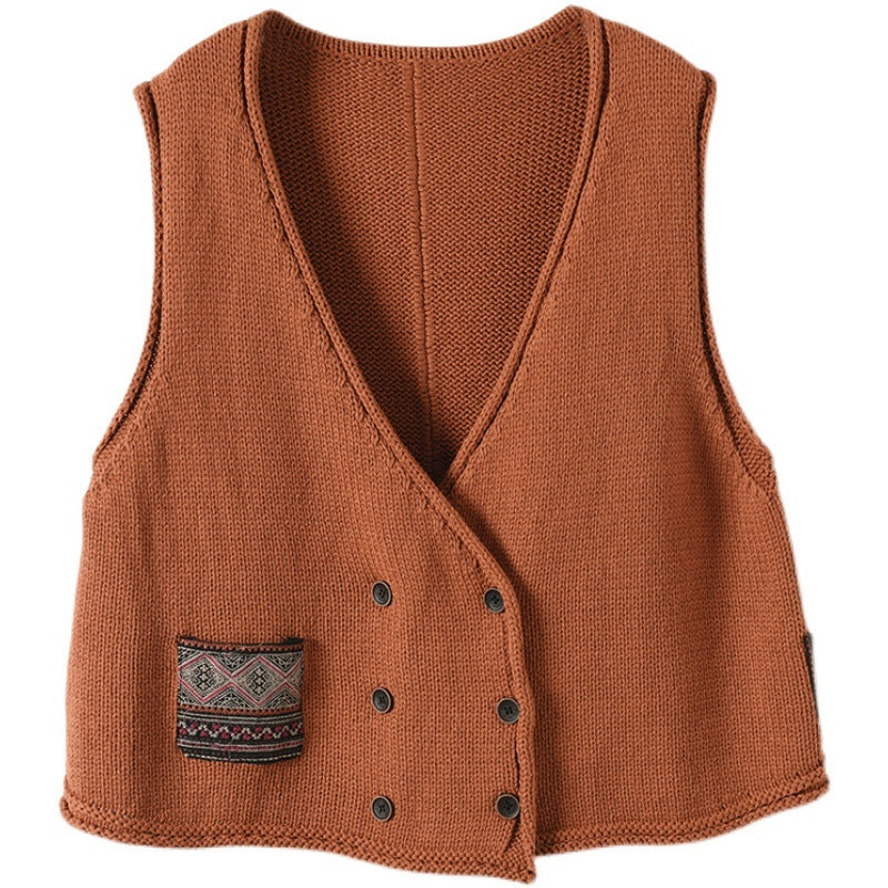 Vintage Knit Loose Double-Breasted Patch Vest