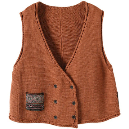 Vintage Knit Loose Double-Breasted Patch Vest