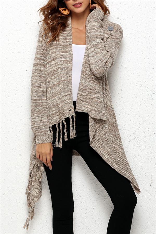 Tassel Asymmetrical Hem Shawl Speckled Fringe Cardigan - Green