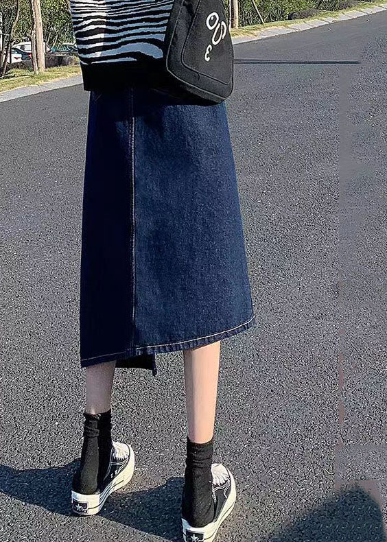 Elegant Navy Side Open Asymmetrical Pocket Cotton Denim Wraped Skirts Cozy