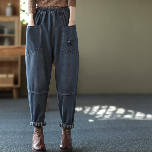 Winter Retro Patchwork Plush Casual Loose Harem Jeans