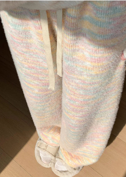 Women Rainbow Print Elastic Waist Warm Fleece Straight Pants Winter