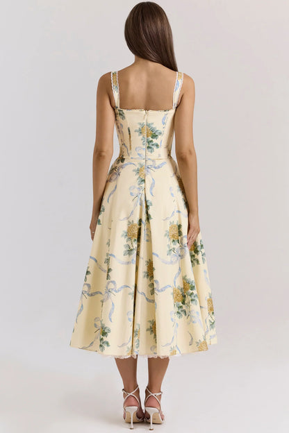 Lemon Vintage Ribbon Print Cotton Midi Dress
