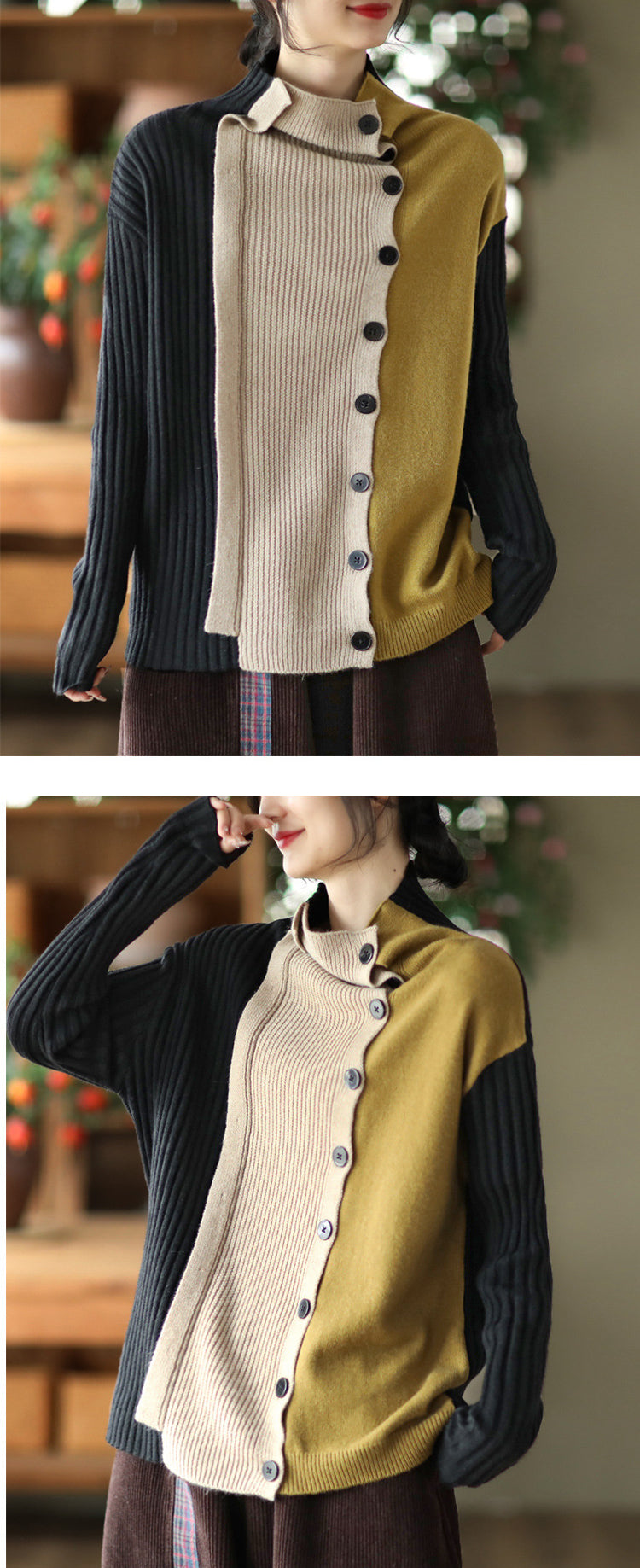 Color-Block Long-Sleeved Knitted Elastic Slim Sweater