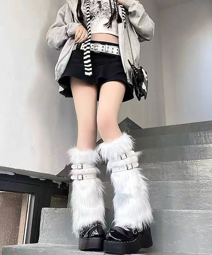 Spicy Girl Leather Buckle White Fuzzy Fur Fluffy Socks Covers