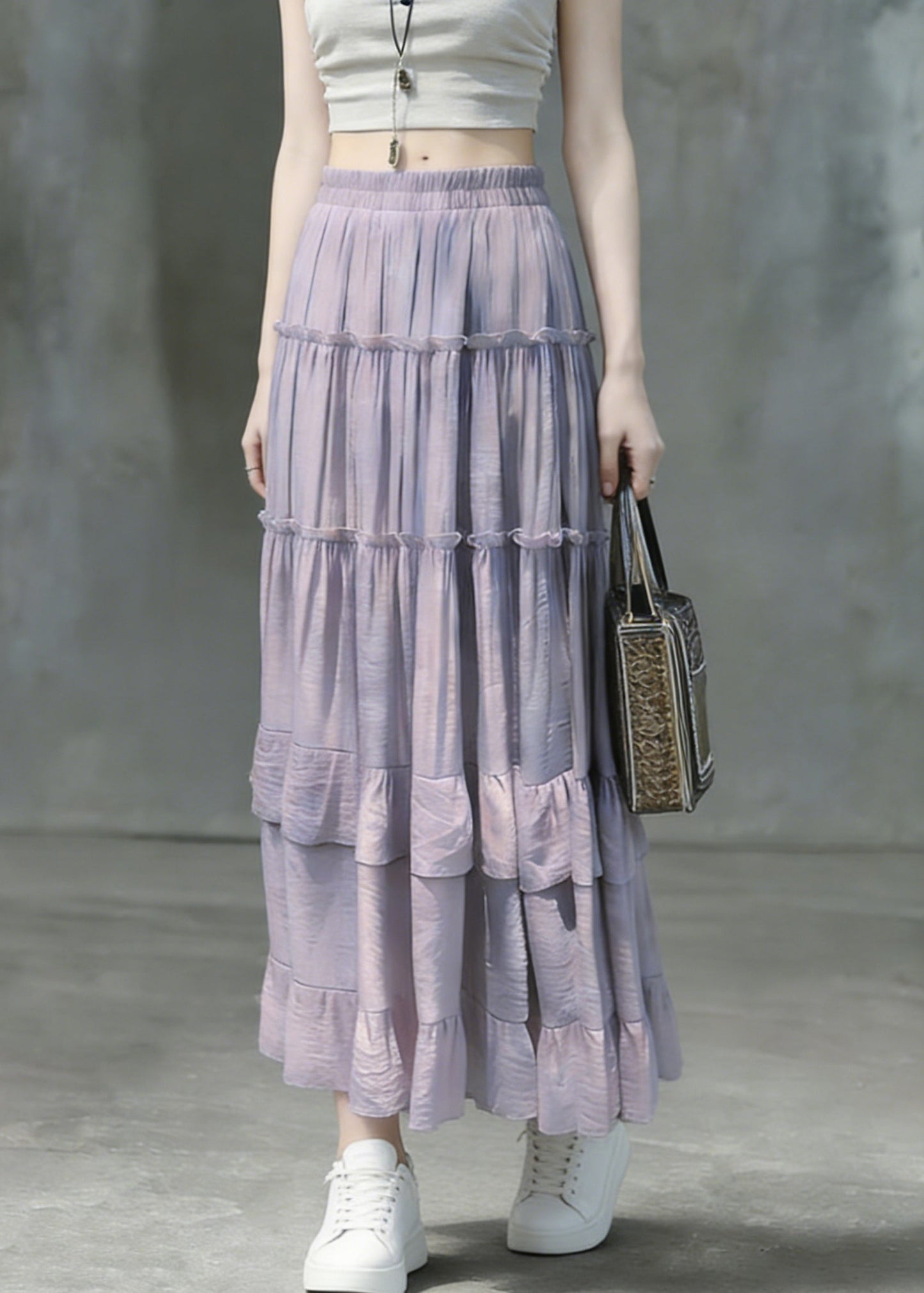 Art Purple Ruffled Patchwork Solid Maxi Skirts