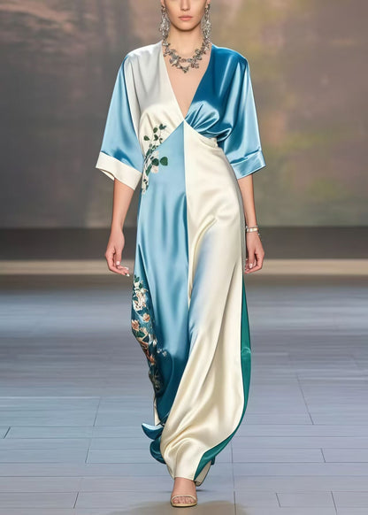 Plus Size Colorblock V Neck Print Silk Dresses Half Sleeve