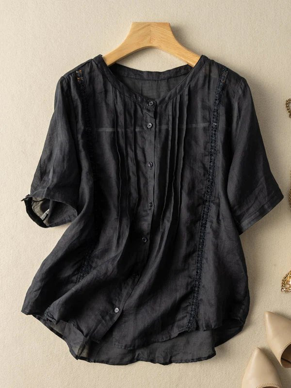 Pure Color Round Neck Short Sleeve Casual Linen Top