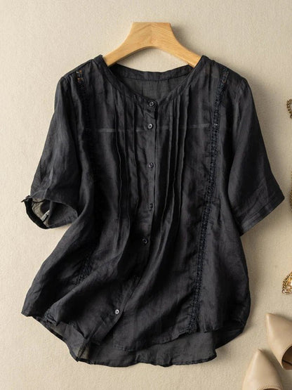 Pure Color Round Neck Short Sleeve Casual Linen Top