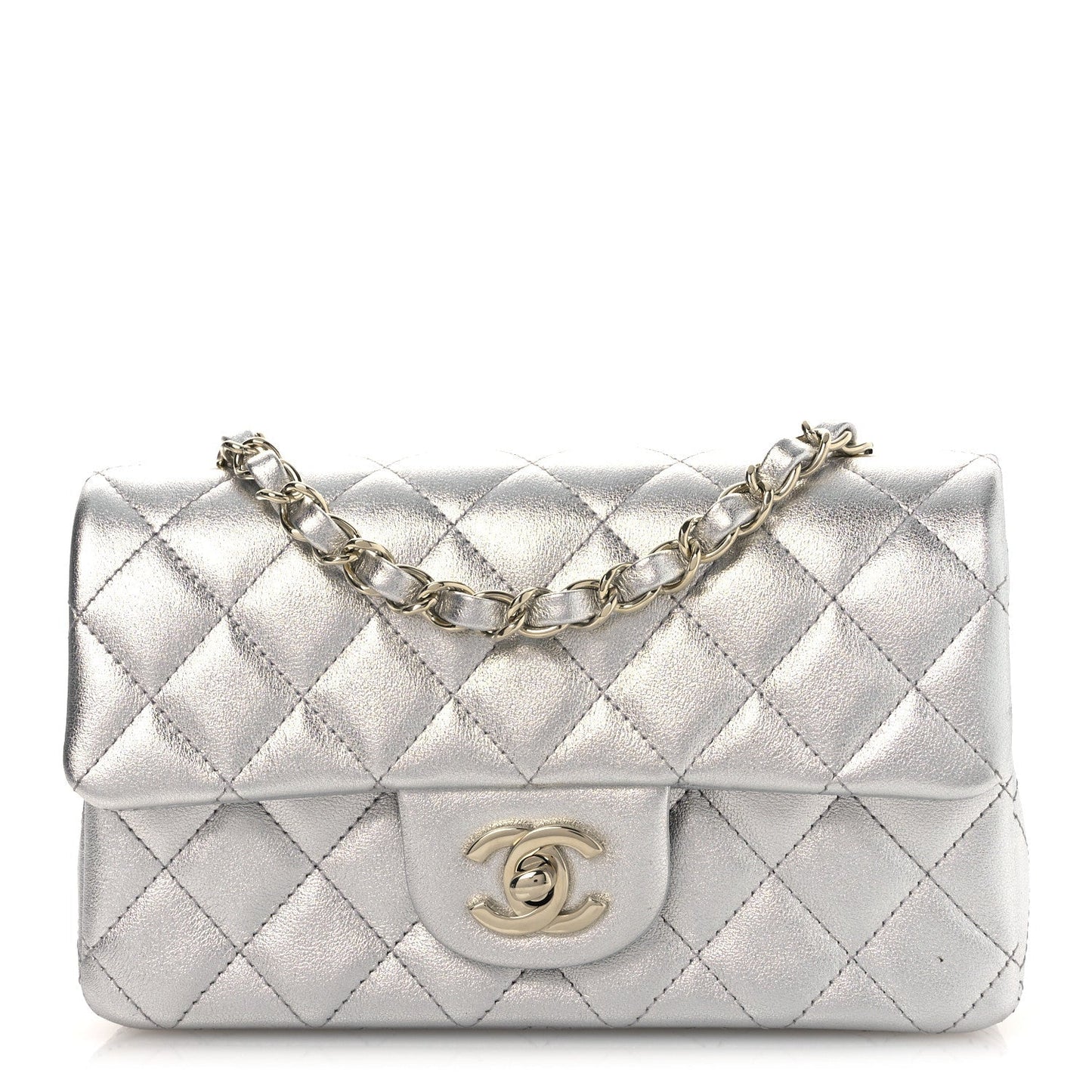 Metallic Lambskin Quilted Mini Rectangular Flap Silver