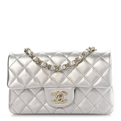 Metallic Lambskin Quilted Mini Rectangular Flap Silver