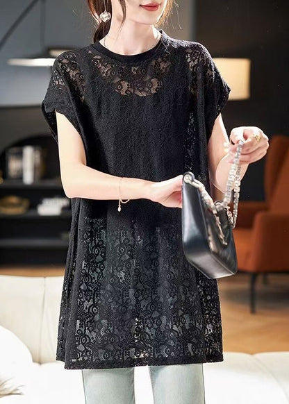 Women Black O Neck Hollow Out Lace Top Summer
