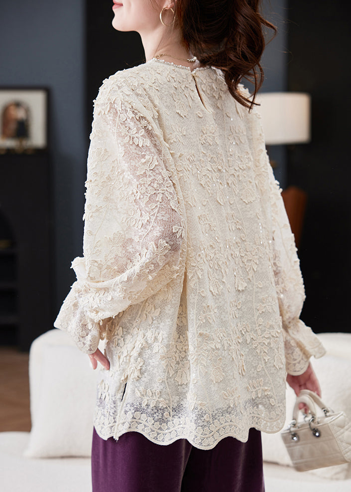 Loose Beige O-Neck Sequins Nail Bead Shirt Spring